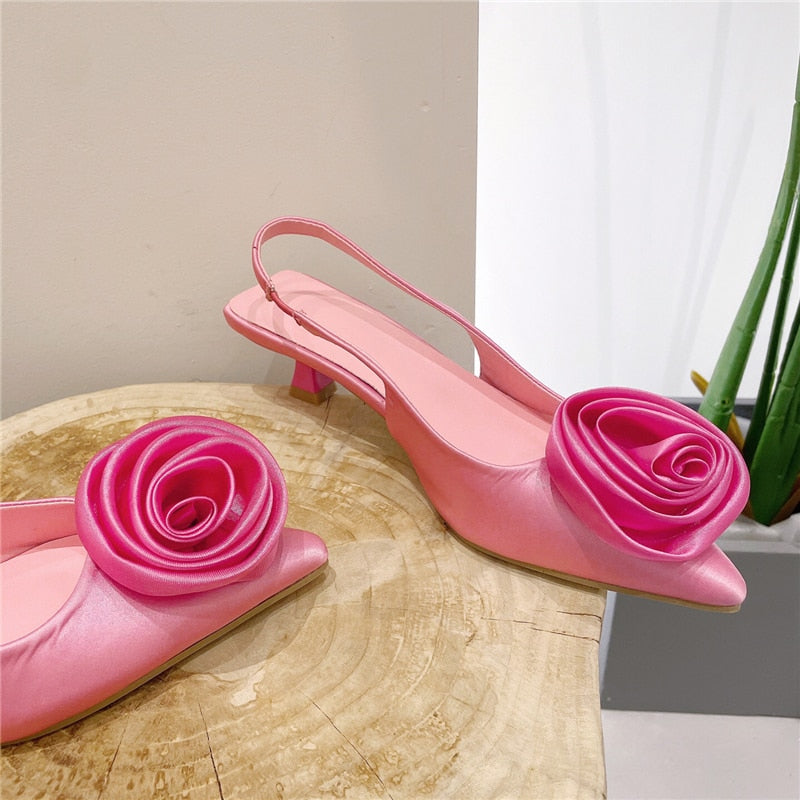 Flower Pointed Toe Slingback Low Heel Mules