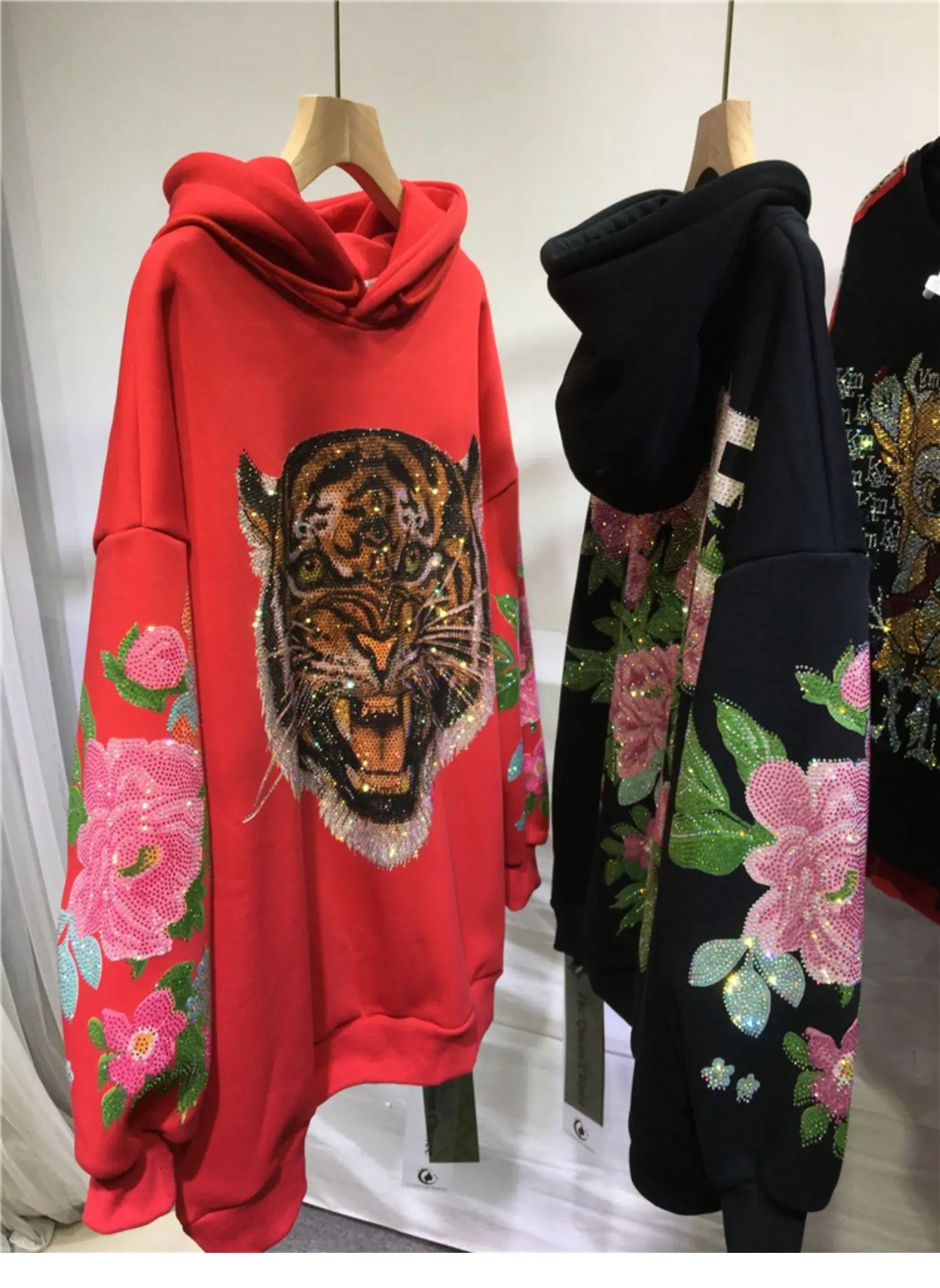 Sparkling 3D Rhinestone Fleece Padded Women's Leopard Tiger Hoodie Sweatshirt