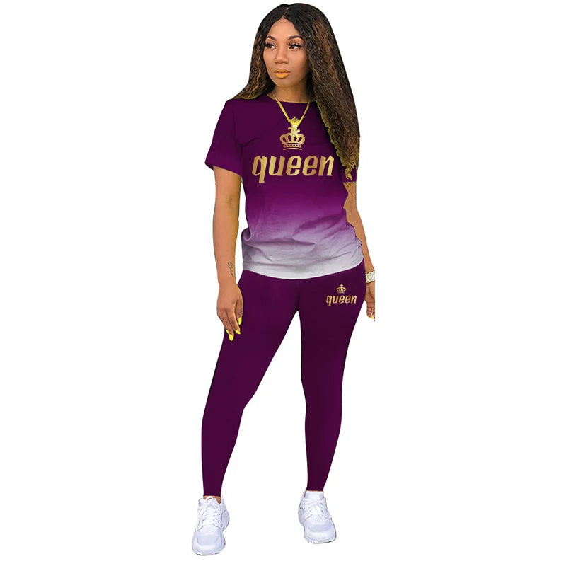 Metallic "Queen" Gold Ombre Gradient Colorblock Print Short Sleeve T-Shirt + Leggings 2-Piece Set to 5X