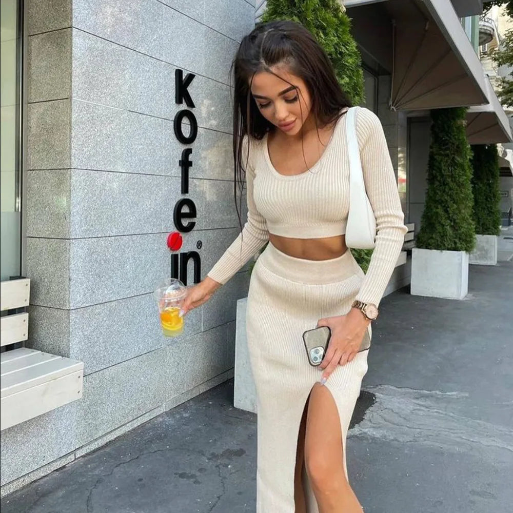 Knitted Y2K Solid Long Sleeve Pullover V-Neck Crop Sweater + High Slit Maxi Skirt 2-Piece Set