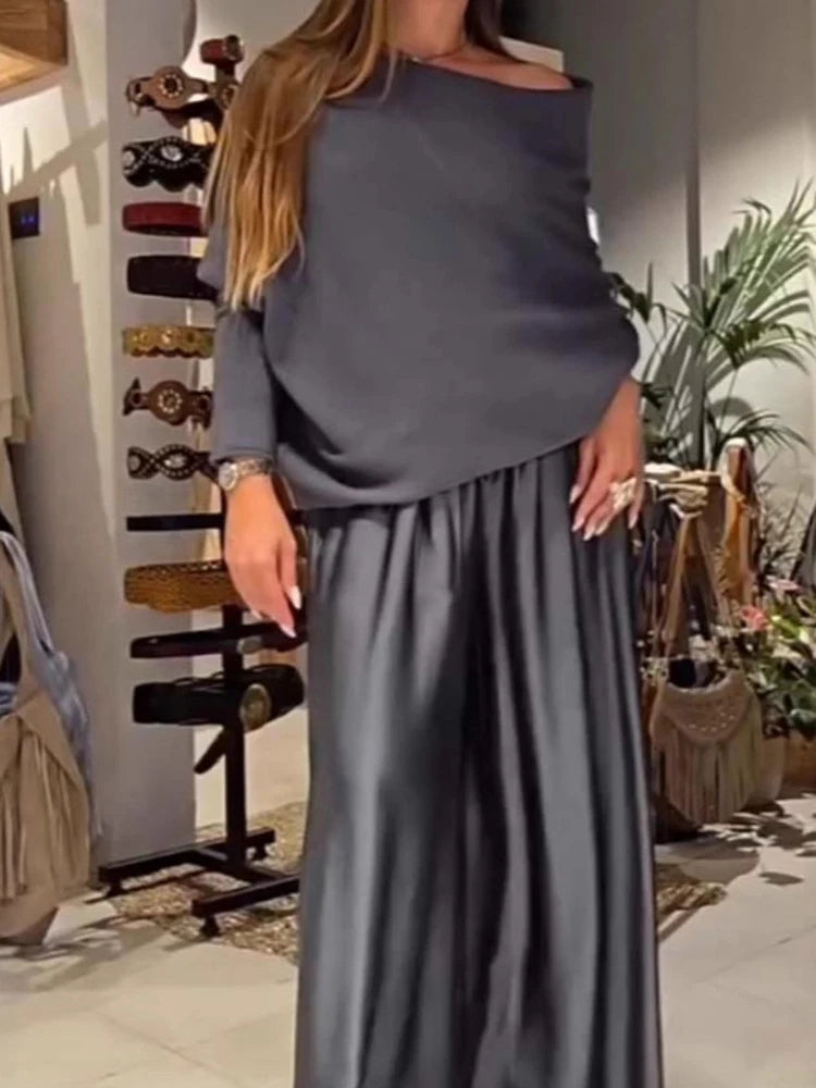 Satin Sleeveless Patchwork Long Sleeve Loose Women's Slash Neck Blouse Top + Wide Leg Pants 2-Piece Set