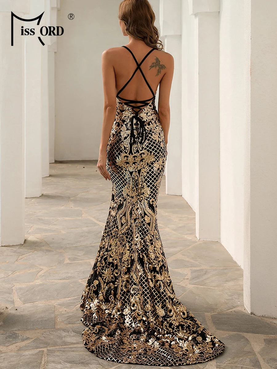 Metallic Black/Gold Sequin Spaghetti Strap V-Neck High Side Slit Mermaid Party/Prom Evening Gown Floor-Length Dress