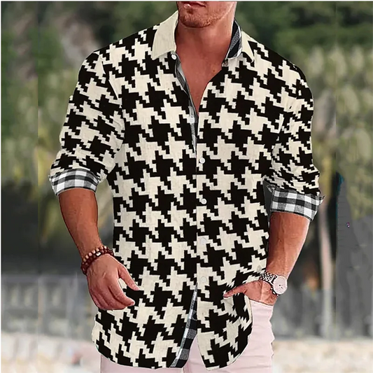 Men's Argyle Plaid/Houndstooth/Gradient Colorblock 3D Print Single Breasted Long Sleeve Stretch Fabric Button-Up Dress Shirt