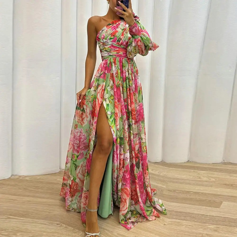 Floral Print One Sleeve Asymmetrical High Slit Formal Maxi Dress