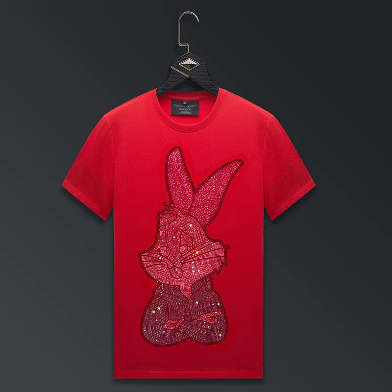 Men's Streetwear Rhinestone Bunny Rabbit Short Sleeve O-Neck Skinny T-Shirt