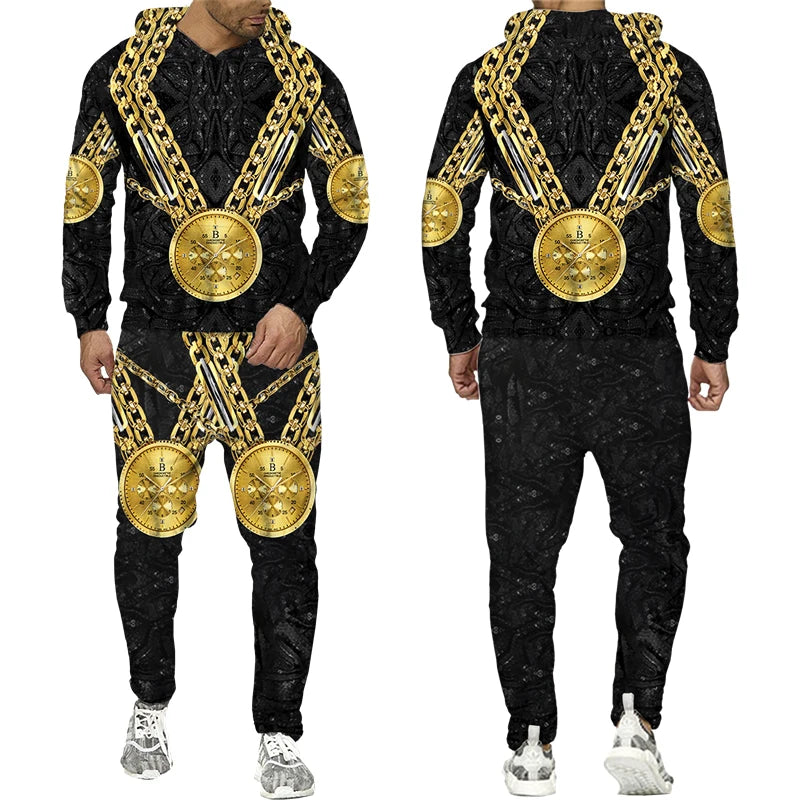 Men's Leopard/Tiger/Dragon/Clock Medallion Baroque Printed Graphic Golden/Black/White 3D Pattern Hoodie Sweatshirt + Sweatpants Tracksuit