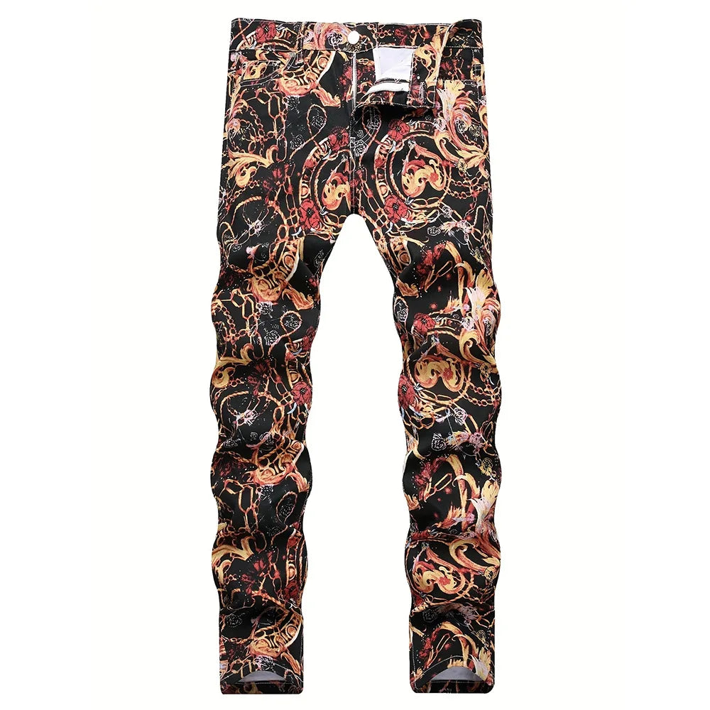 Men's Floral Multi-Colored Baroque Print Ruched Skinny Jeans