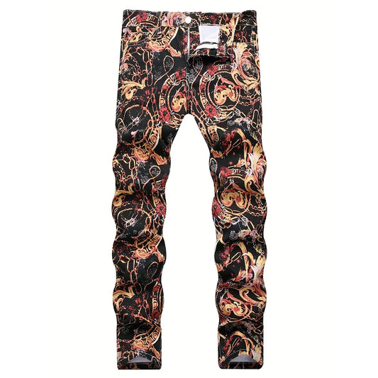 Men's Floral Multi-Colored Baroque Print Ruched Skinny Jeans