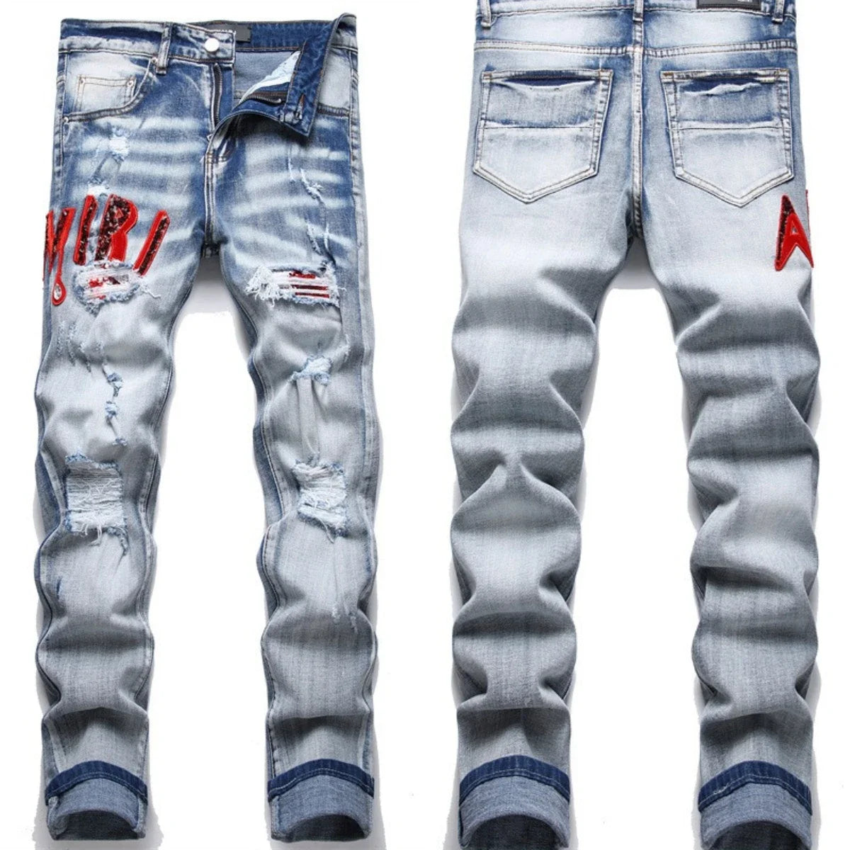 Men's Denim 3D Graffiti Paint Splash Design Washed Distressed  Embroidered  Stacked Ruched Skinny Jeans