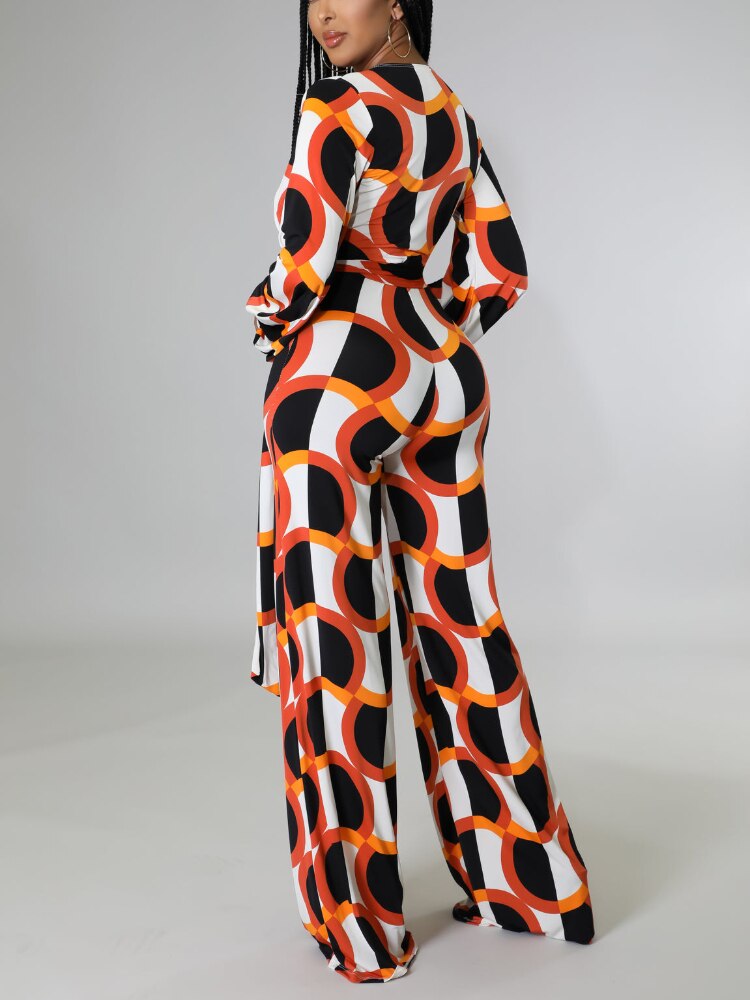 Geometric Print Deep V-Neck Long Sleeve Jumpsuit w/ Sash Belt to 5X Plus Size