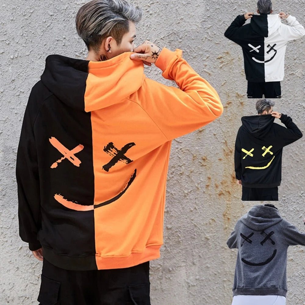 Colorblock Men's Smiley Face Print Patchwork Hip Hop Pullover Streetwear Hoodie Sweatshirt