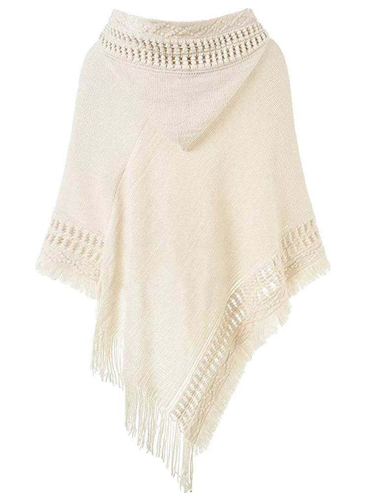 Fringe Tassel Women's Knitted Hooded Crochet Shawl Wrap Sweater