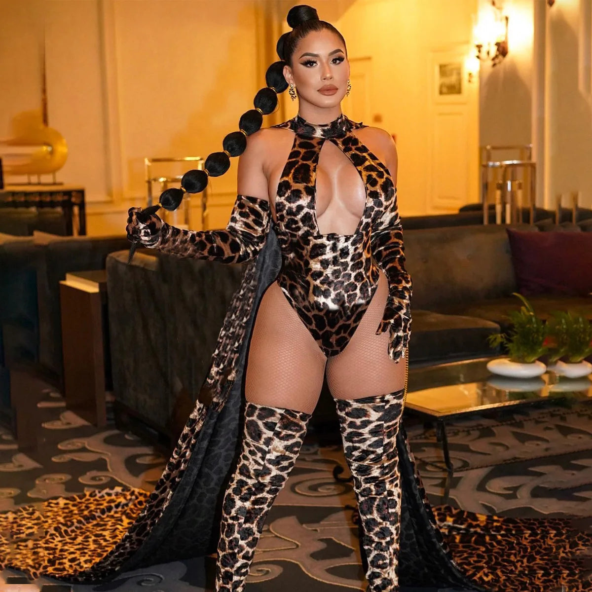 Sexy Sleeveless Leopard Print Hollow-Out Deep V-Neck Plunge Backless Bodysuit w/ Matching Gloves 2-Piece Set (No Boots Included)