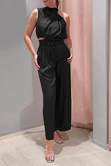 Sleeveless Turtleneck Ruched Crop Top + Bell Bottom Wide Leg Women's Pants 2-Piece Set