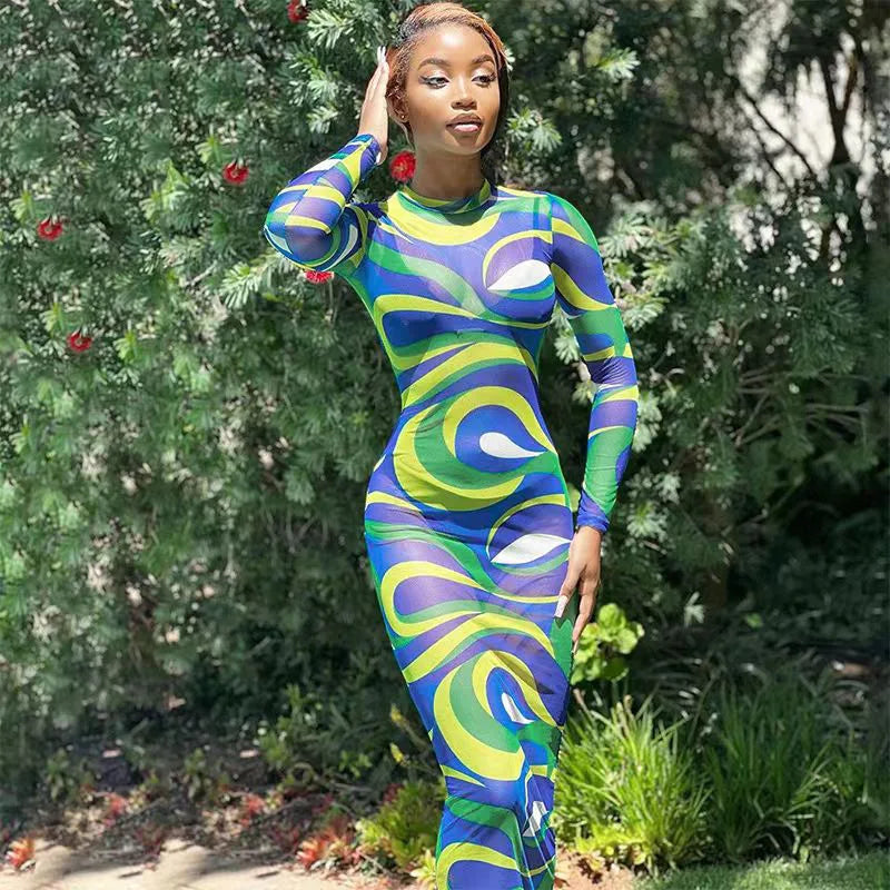Mesh Transparent Geometric Print Long Sleeve O-Neck Streetwear Maxi Dress