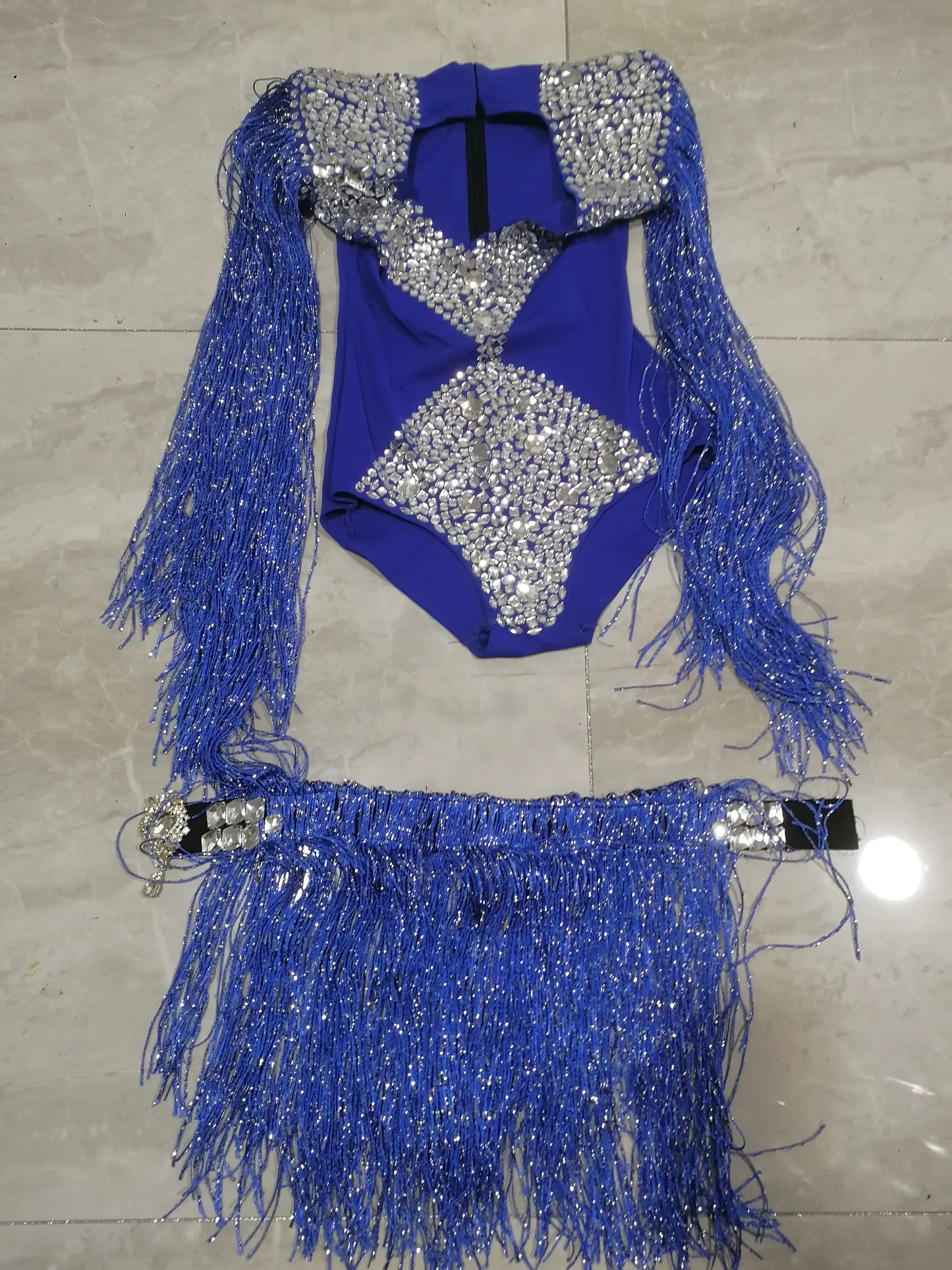 Blue Fringe Tassels Rhinestone Belted Women's Performance Bodysuit Costume