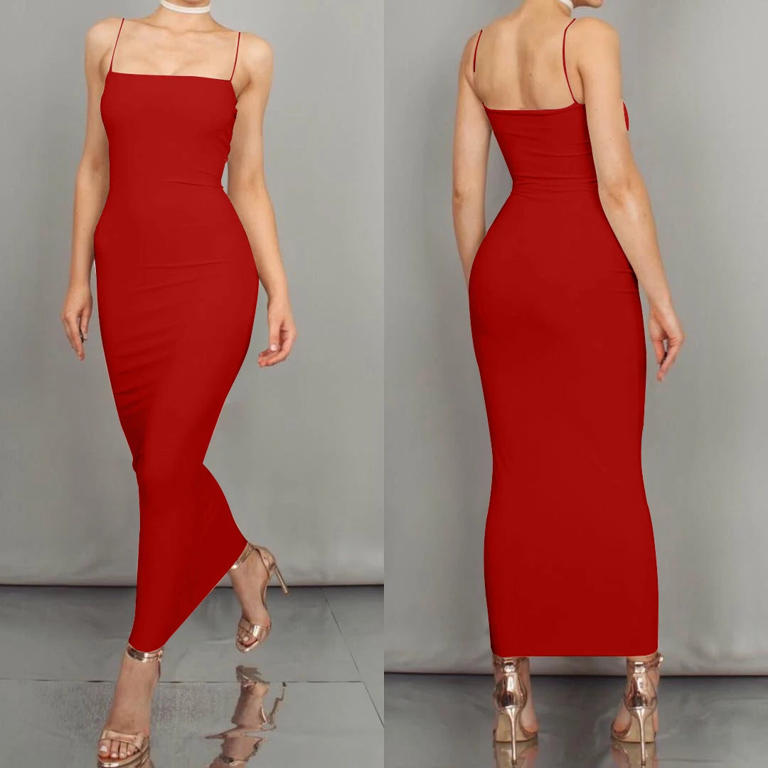 Solid Color Camisole Backless Slash Neck Spaghetti Strap Bodycon Maxi Dress