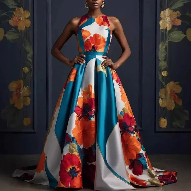 Luxury Floral Print Satin Evening Dresses Woman Elegant O Neck High Waist Long Dress Summer Sleeveless Hem Boho Dress