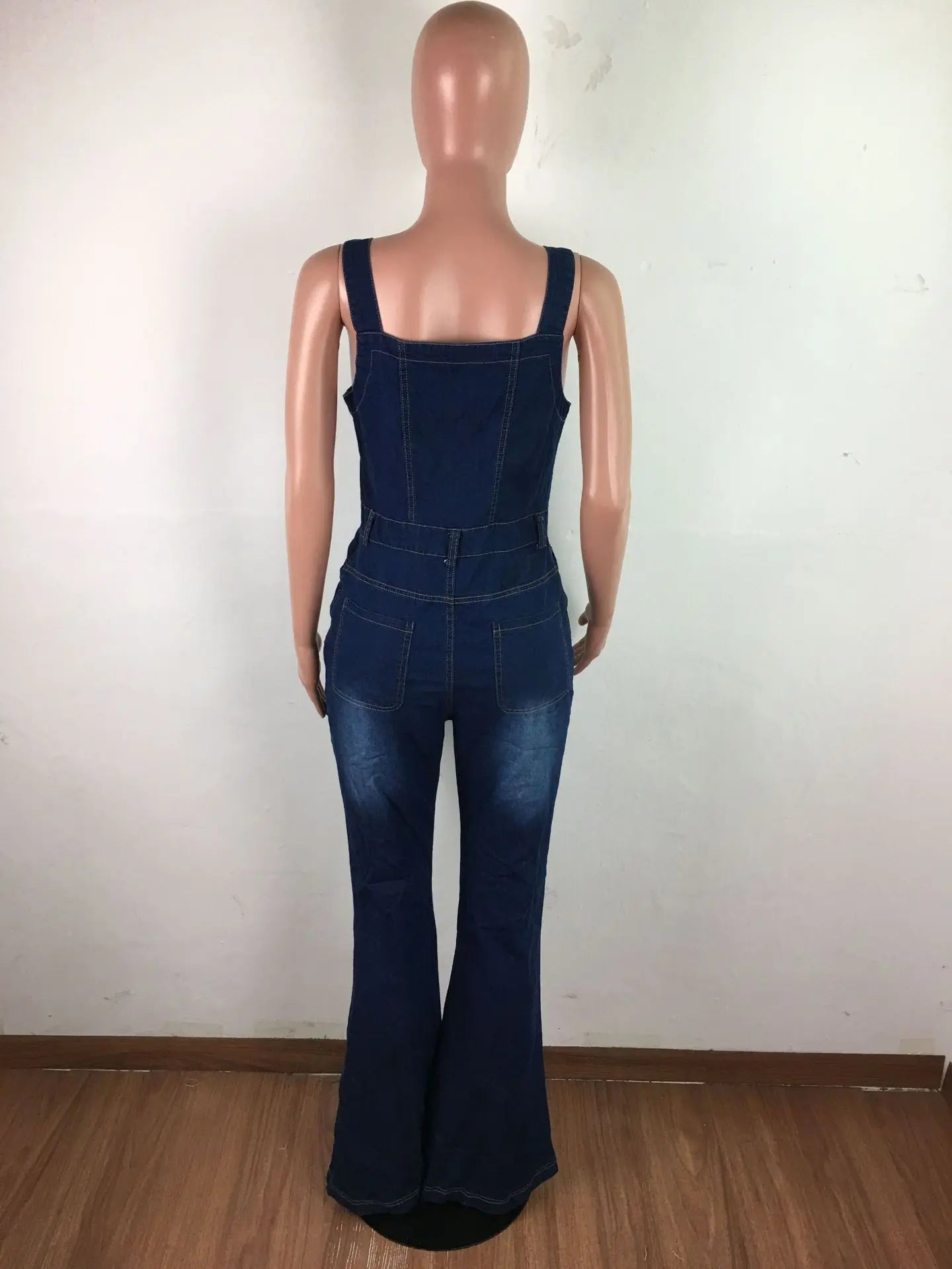 Denim Dark Blue Sleeveless Women's Spaghetti Strap Bodycon Bootcut Jean Jumpsuit