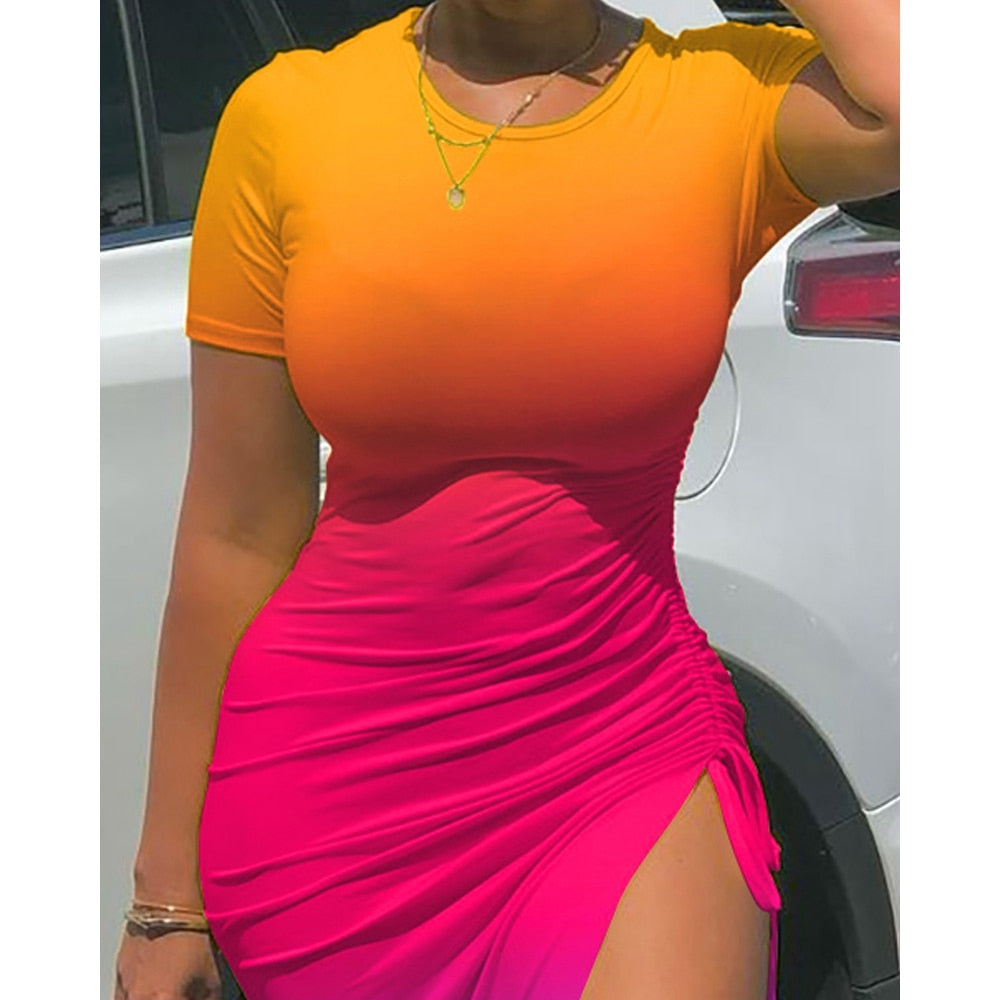 Rainbow Gradient Colorblock Ombre/Camoflauge Printed Short Sleeve O-Neck Drawstring Ruched High Slit Dress