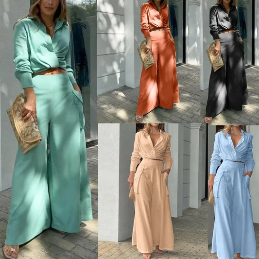 Cropped Solid Long Sleeve Blouse + Wide Leg Straight Pants 2-Piece Sets