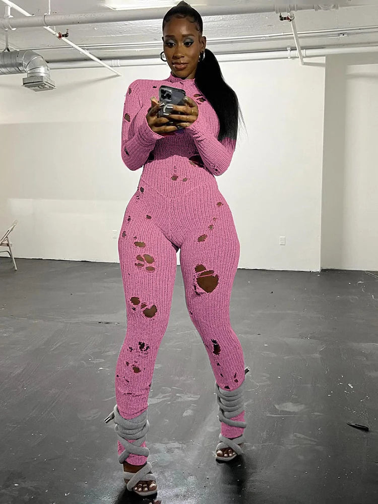 Knitted Skinny Streetwear Ripped Hole Pattern Women's Elastic Long Sleeve Jumpsuit