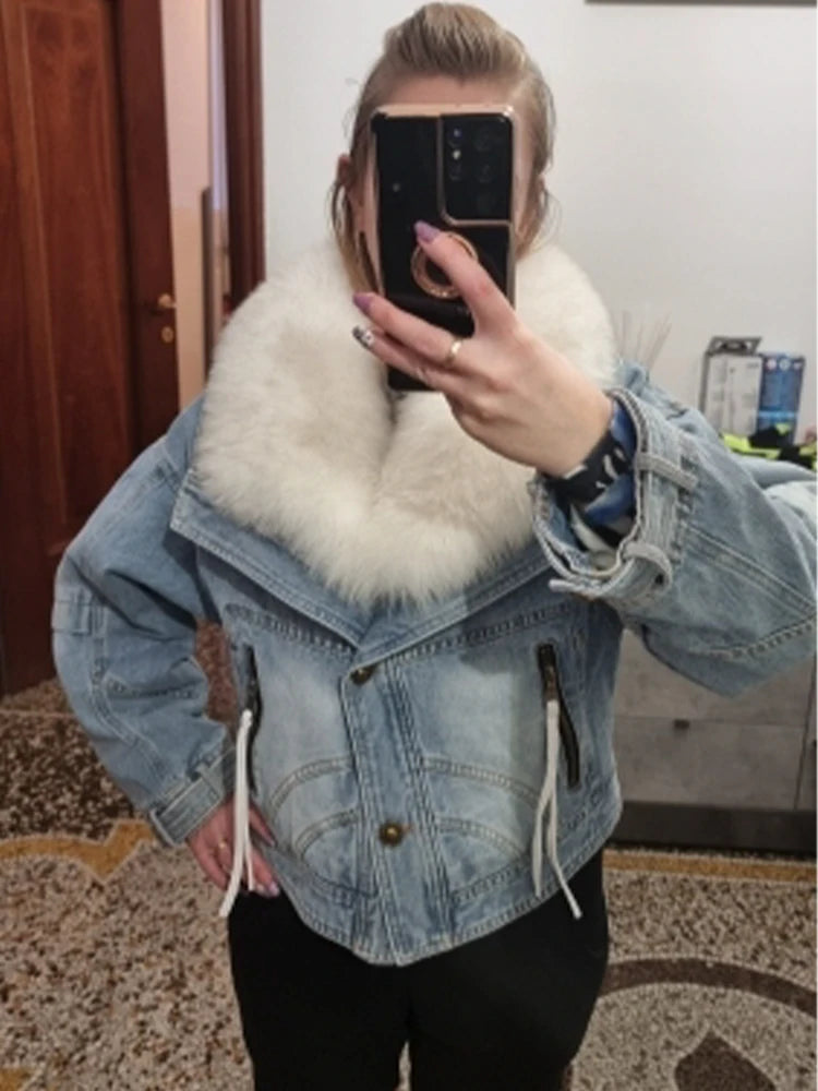 Denim Oversized 100% Real Fox Fur Collar Short Women's Goose Down Puffer Jean Jacket