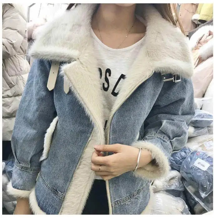 Denim Buckle Strap Detail Turn-Down Collar Wool Lined Pocketed Ladies Bomber Jean Jacket