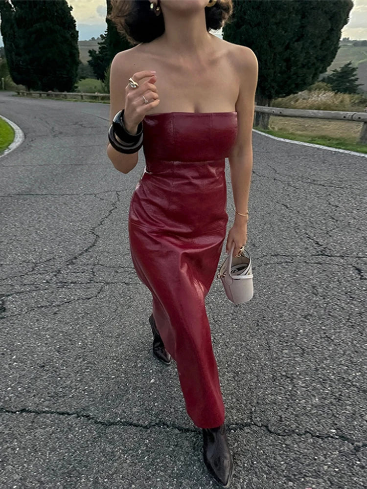 Shiny PU Leather Women's Solid Color Blazer Jacket w/ Flared Sleeveless Tube Maxi Dress 2-Piece Suit