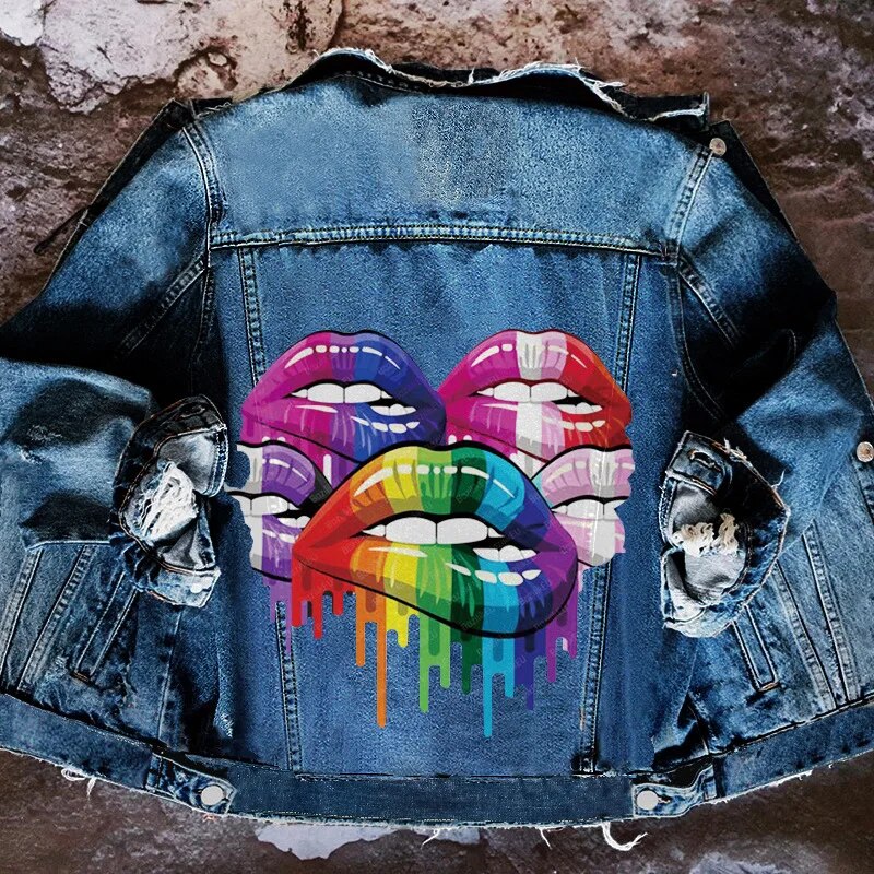 Denim Women's Paint Drip Lips Graffiti Print Jean Jacket