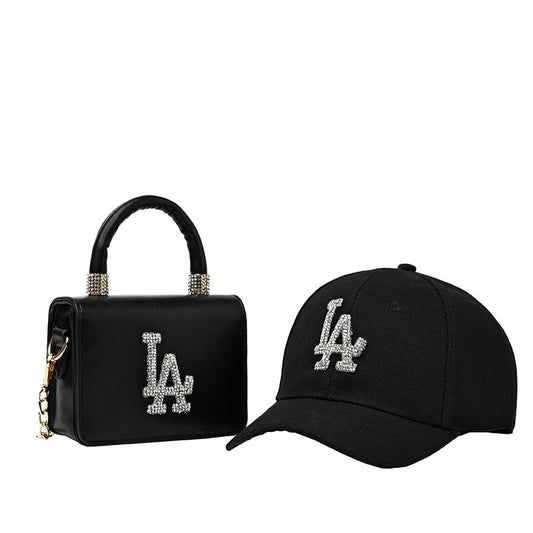 L.A. Diamond Mini Rhinestone Crossbody Purse w/ Matching LA Baseball Cap/Bucket Hat Ladies Set