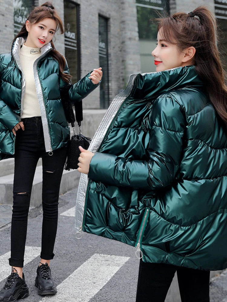 Metallic Padded Thick Stand Collar Oversized Cotton Ladies Coat