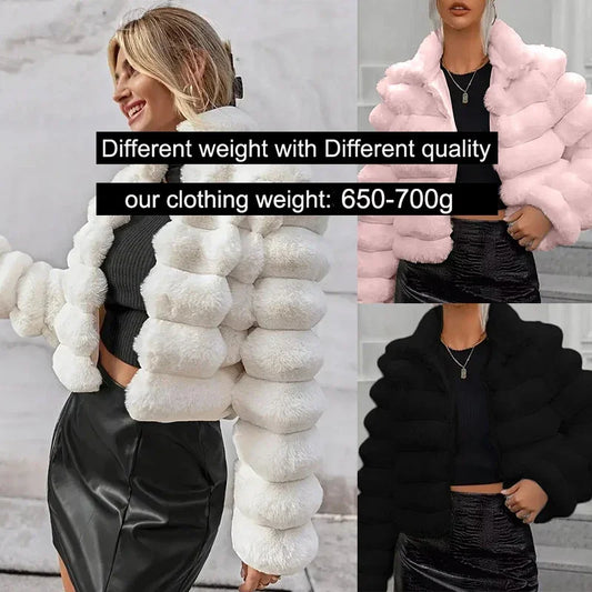 Ribbed Women's Faux Mink Fur Solid Color Turn-Down Collar Long Sleeve Jacket to 3X Plus Size