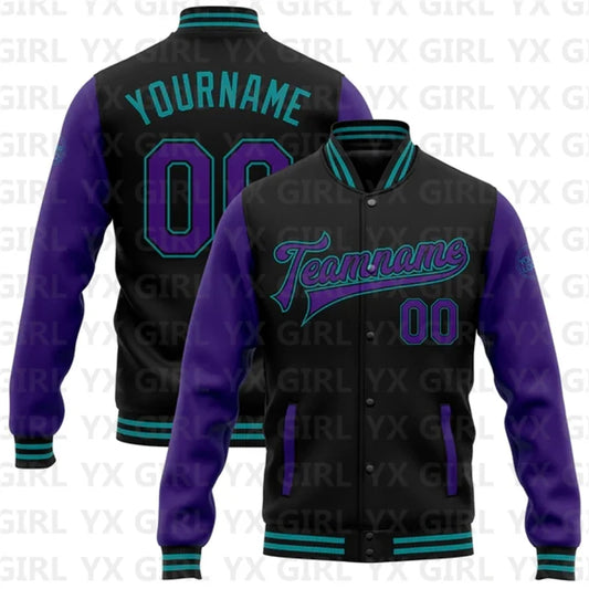 Customized Unisex  2-Tone Colorblock Personalized Black/Purple/Teal/Full-Snap Letterman Baseball Button Varsity Bomber Jacket