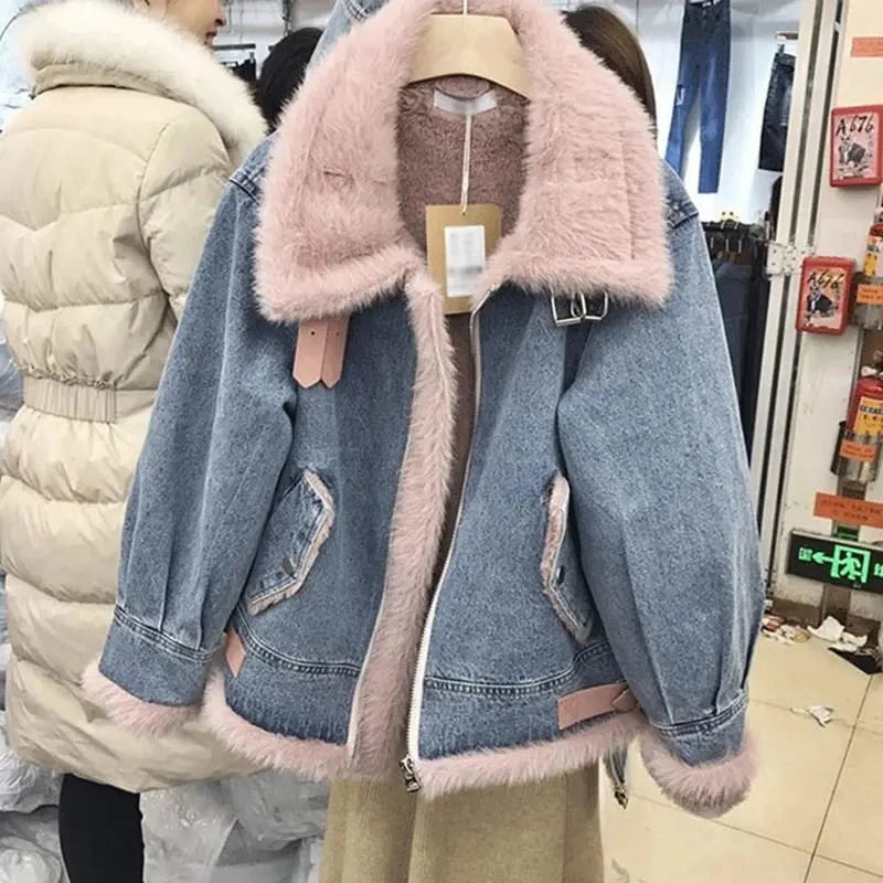 Denim Buckle Strap Detail Turn-Down Collar Wool Lined Pocketed Ladies Bomber Jean Jacket