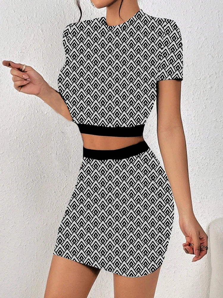 Houndstooth/Plaid Checker/Letter Print Short Sleeve Crop Top + Elastic Waist Mini Skirt 2-Piece Set