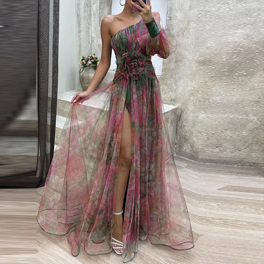 Mesh Diagonal Collar Flower Print One Shoulder Sleeve High Slit Dress