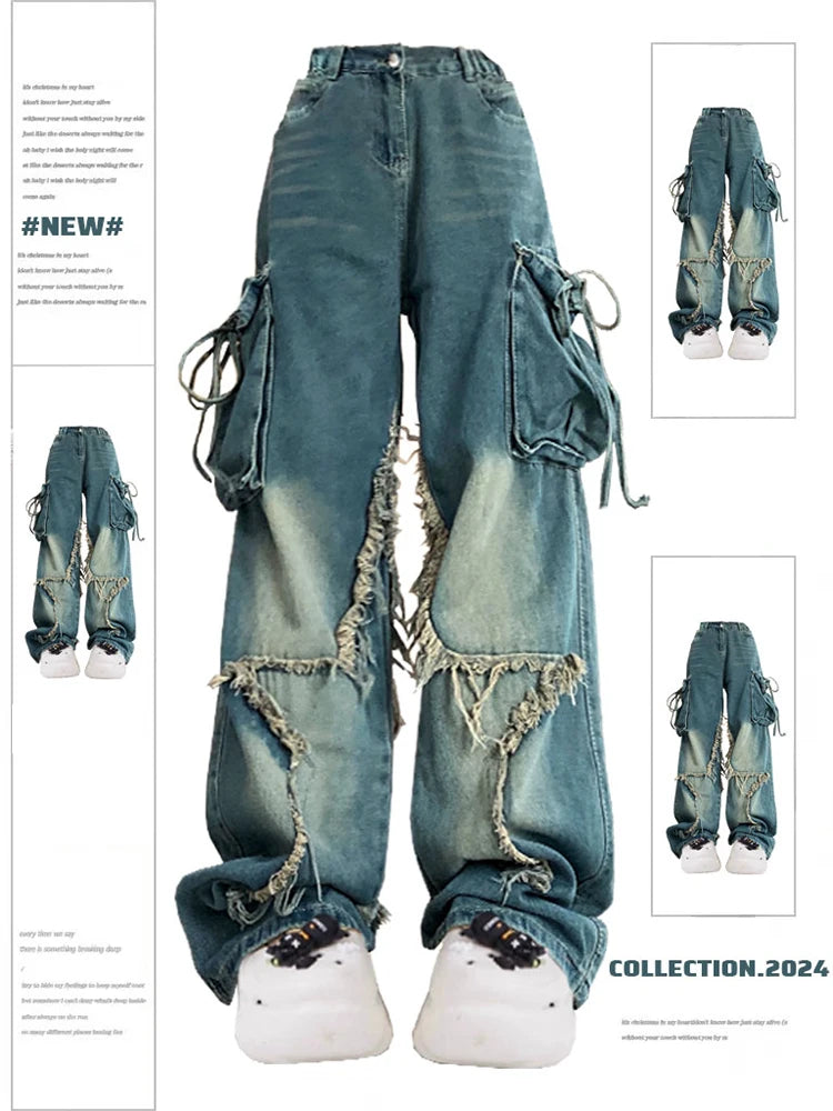 Baggy Patchwork Blue Distressed Vintage Washed High Waist Streetwear Cargo Jeans