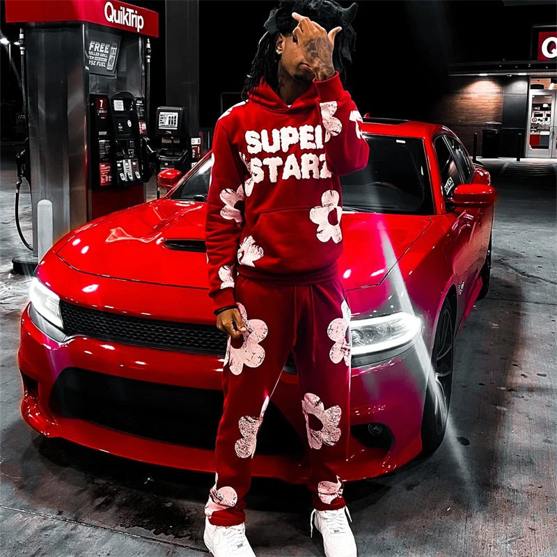 Men's "SUPERSTAR" Letter Print Big Flower Design Hoodie Sweatshirt + Drawstring Sweatants Hip-Hop Tracksuit