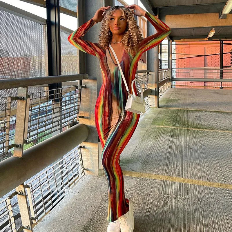 Sleeveless Tube Top Design/Long Sleeve Striped Colorblock Printed Bandage Skinny Maxi Dress