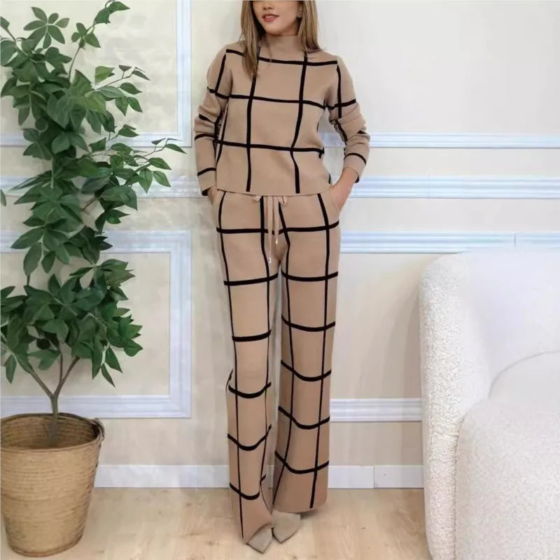 Checker Plaid Turtleneck Long Sleeve Sweater + Knitted Pants 2-Piece Set