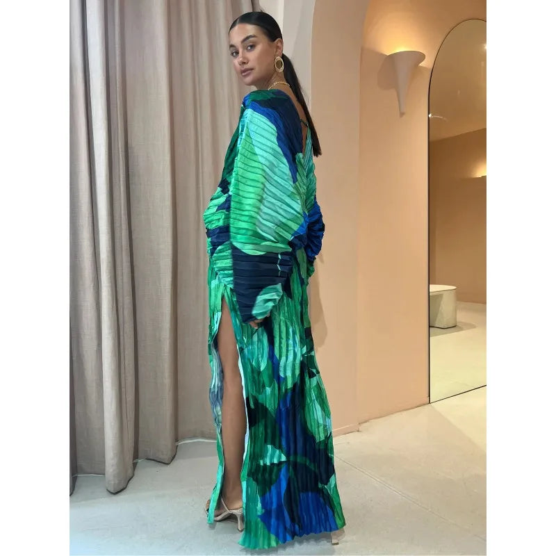 Pleated Green/Blue Geometric Colorblock Long Sleeve Deep V-Neck Corset Print Evening Formal Loose Maxi Dress