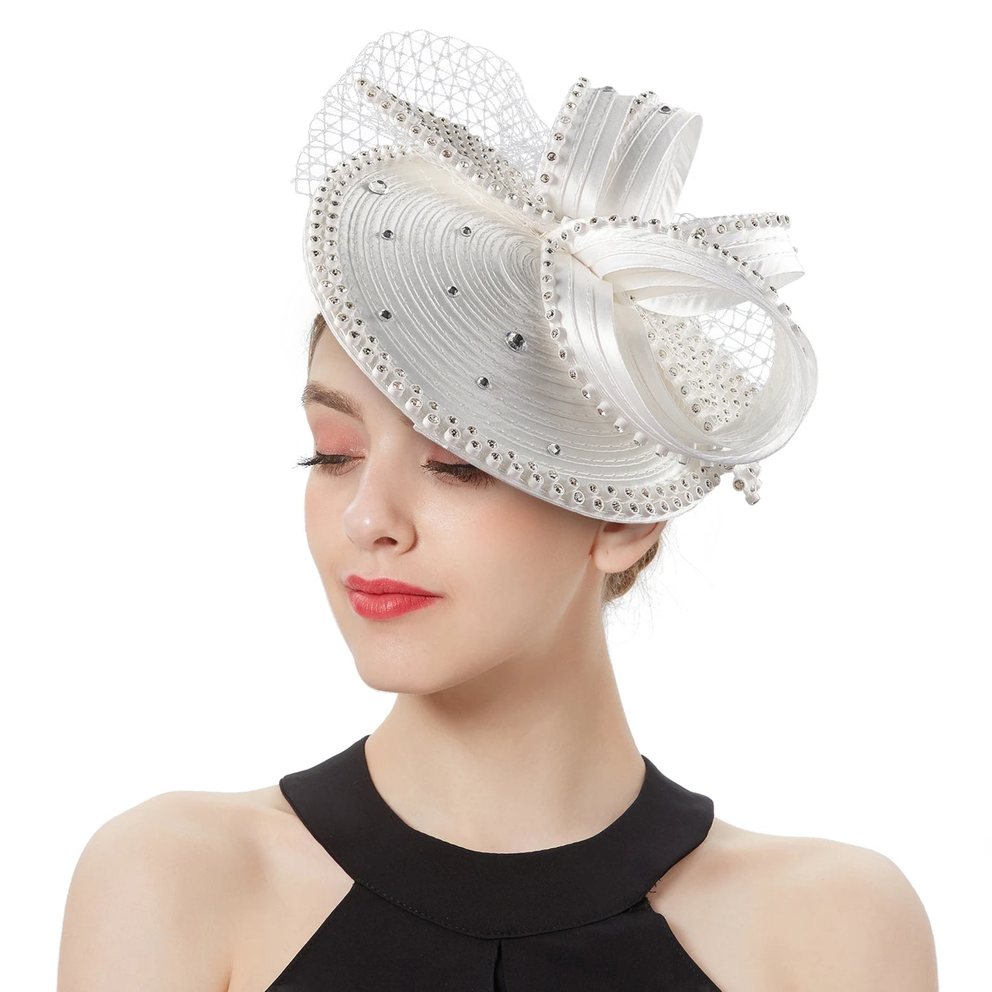 Satin Rhinestone Big Bow Detail Slanted Women's Church/Bridal/Derby Fedora Hat