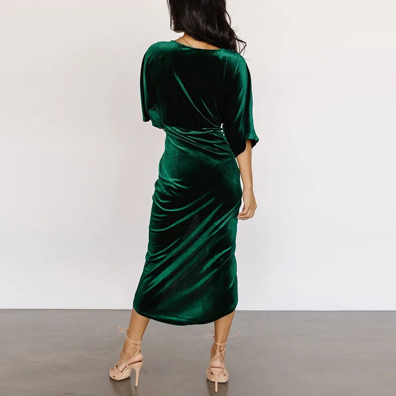 Velvet A-Line Irregular Evening V-Neck Draped Dress