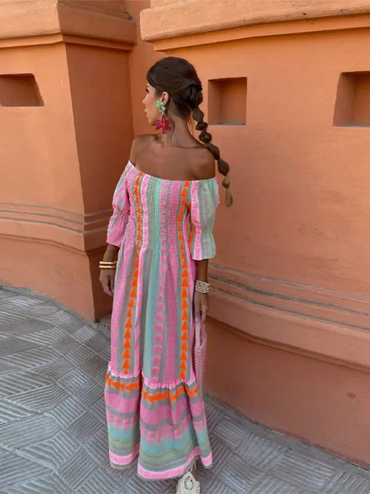 Pastel Rainbow Striped Boho Ruffled Long Sleeve Off-the-Shoulder Backless Maxi Dress