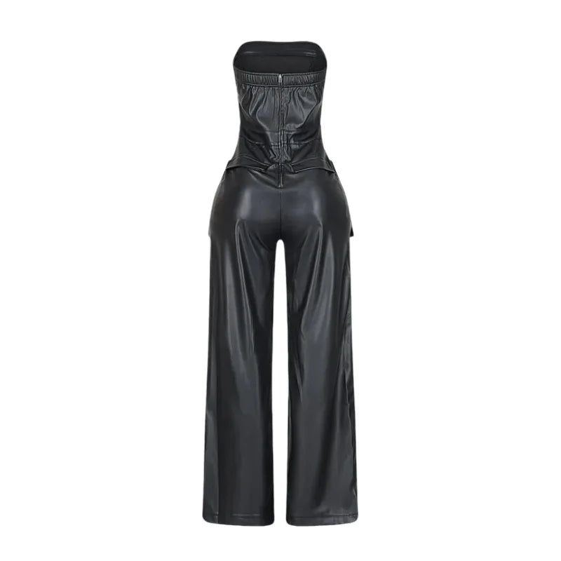 Black Sleeveless PU Leather Hip-Hop Cargo Pocketed Women's Strapless Wide Leg Tube Top Jumpsuit