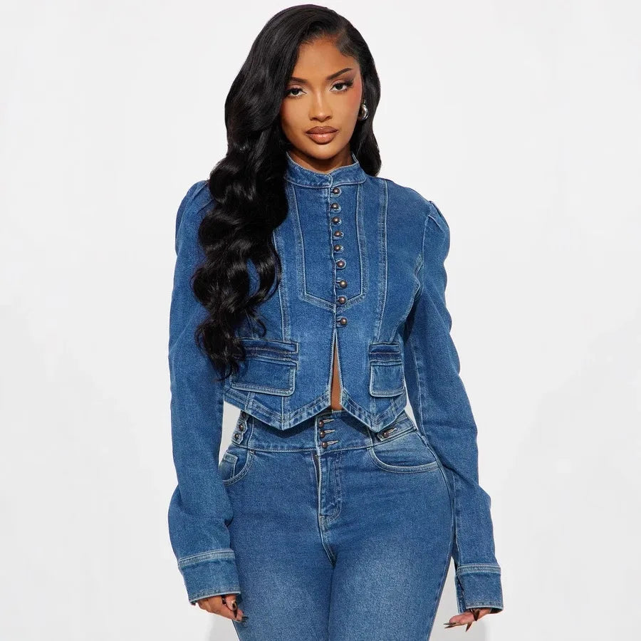 Denim Blue Mandarin Collar Women's Crop Jean Jacket + Jeans Matching 2-Piece Set