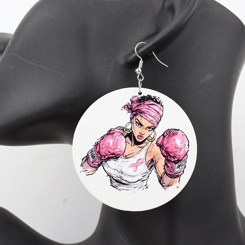 Round Pink Breast Cancer Wooden Earrings