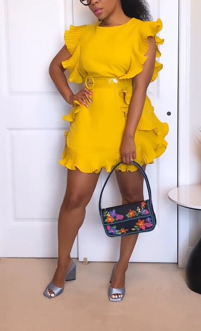 Ruffled Yellow Solid Short Sleeve Round Neck Mini Dress w/ Belt to 5X