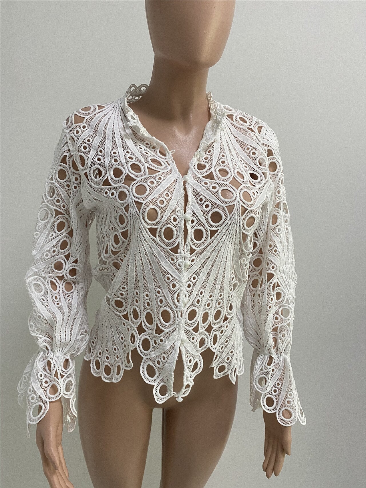 Lace V-Neck Hollow Out Long Sleeve Blouse